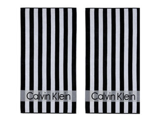 Calvin Klein 2 Piece Beach Towel Set Black Gray Striped Logo 100% Cotton NEW